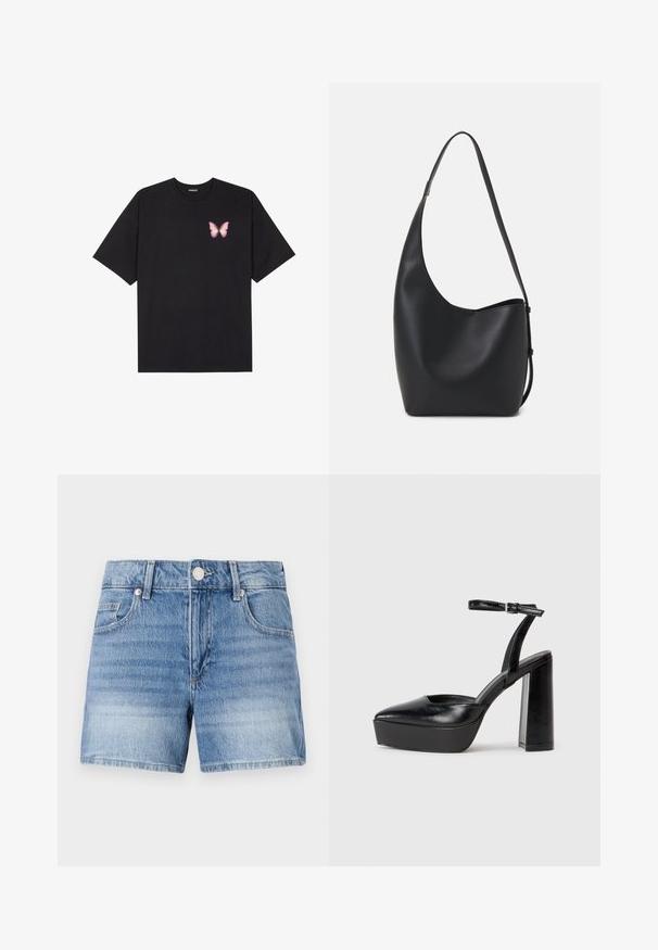 Melna kokvilnas T-krekls ar īsām piedurknēm, kuram priekšā kreisajā pusē ir neliels rozā tauriņa grafiskais attēls. Ar apaļu kaklu un brīvā stila piegriezumu.; Gai zila denim šorti ar augstu jostasvietu, pieciem kabatām, priekšējo pogu un taisnu kāju griezumu ar nedaudz nodilušiem maliņām.; Melnas platformas papēžs ar norādītu purngala formu un regulējamu potītes siksniņu. Izgatavotas no gludas ādas, ar masīvu bloku papēdi.; Melnas ādas hobo soma ar gludu tekstūru, izliekta forma un vienu regulējamu jostu; augšā ir plaša atvere.