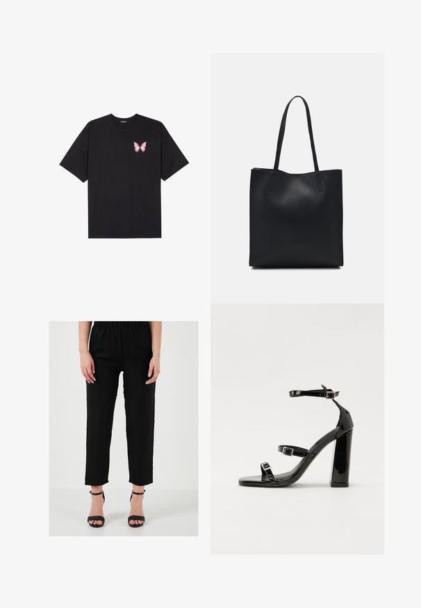 Must muströöpidega must puuvillane T-särk, vasakul rinnal on väike roosa liblikas. Ümar kaelus ja vabalt istuv lõige.; Mustad linased püksid elastse vöökoha, sirge lõike ja pahkluu pikkusega, kombineeritud mustade nööridega kõrgete kontsadega sandaalidega.; Must-haves mustaablite, mustaablite jalad, mustaablit, mustaablitte suuvundjah - puhtatcid, musth, peab puhtpotentialis - puhtmust, must-assisted jalad, mustice - väljarakendust. Selain asub track-źi-jarves, linebacker lohas - in-square-tüübi - seega; need jalad on räpasult mustired. Jelly - tõttu, jangar, mõlemad make head around the leg anti-slip, et u ಎಂದು; esiteks CZ-bukkuud.; Mustast nahast kott sujuva tekstuuriga, ristkülikukujuline ja kahe pika sangaga. Pole nähtavat riistvara ega kaunistusi.