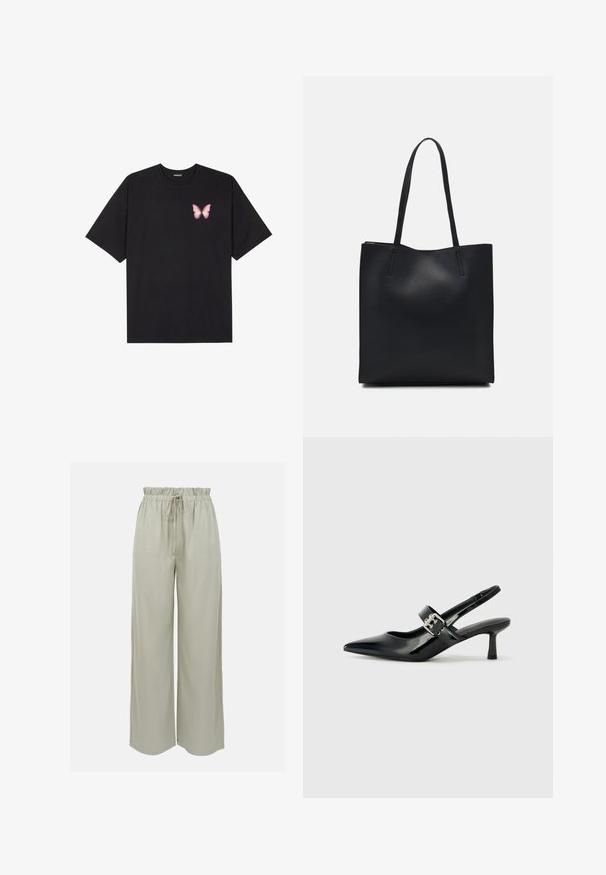 Svart bomullströja med korta ärmar, med en liten rosa fjärilsgrafik på vänster bröst. Rundad halsdesign med en avslappnad passform.; Ljust grå vida byxor gjorda av mjukt tyg. Har ett elastiskt midjeband med dragsko och en slät yta. Inga synliga mönster.; Svarta patentläder slingback-klackar med spetsig tå och en liten blockklack, med en silvrig spänneaccent på remmen.; Svart lädertoffelväska med slät textur, rektangulär form och två långa handtag. Ingen synlig hårdvara eller dekorationer.