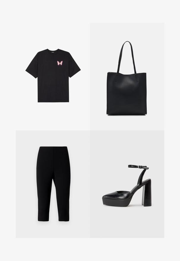 Juodas medvilnės marškinėliai trumpomis rankovėmis, su maža rožine drugelio grafika kairėje krūtinės pusėje. Apvalus kaklo iškirpimas, laisvas kirpimas.; Juodi kapri ženklai, pagaminti iš elastingos medžiagos, pasižymintys prigludusia išvaizda, baigiasi šiek tiek žemiau kelio, turi lygų paviršių ir nematomus siūlus.; Juodi platforminiai aukšti kulniukai su smailiu kojų pirštu ir reguliuojamu kulkšnies dirželiu. Pagaminti iš lygaus odos, turi masyvų blokinį kulną.; Juodas odinis tote krepšys su lygia tekstūra, stačiakampio formos ir dviem ilgais rankenomis. Matomų metalinių detalių ar puošybos nėra.