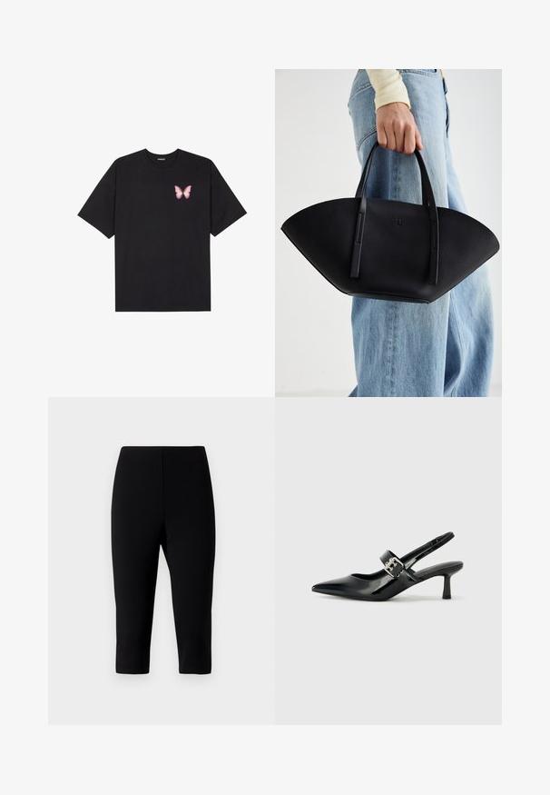 Camiseta de algodón negra de manga corta, con un pequeño gráfico de mariposa rosa en el lado izquierdo del pecho. Diseño de cuello redondo con un corte relajado.; Pantalones capri negros hechos de tela elástica, con un diseño ajustado que termina justo debajo de la rodilla, con una textura suave y sin costuras visibles.; Zapatos de tacón en charol negro con tira al tobillo, punta afilada y un pequeño tacón bloque, que cuentan con un acento de hebilla plateada en la correa.; Bolso de mano de cuero negro con una forma de abanico única, que cuenta con asas planas. La superficie tiene una textura de grano y un diseño minimalista.