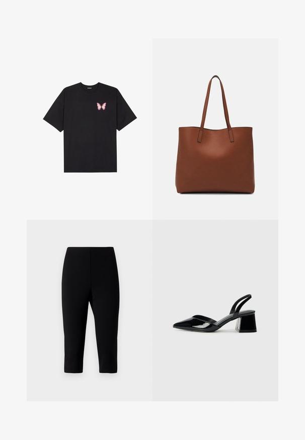 Black cotton t-shirt with short sleeves, featuring a small pink butterfly graphic on the left chest. Crew neck design with a relaxed fit.; Black capri pants made of stretchy fabric, featuring a fitted design that ends just below the knee with a smooth texture and no visible seams.; Black patent leather slingback heels with a pointed toe and a geometric block heel. Features a sleek, minimal design and smooth texture.; Brown leather tote bag with a smooth texture, open top design, and two shoulder straps. Features minimal stitching and no visible hardware.