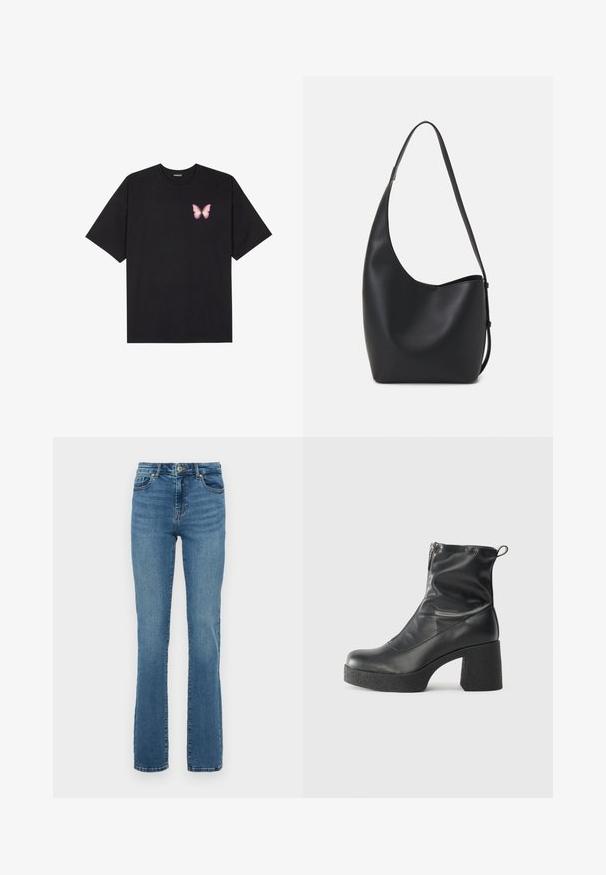 Svart bomulls T-skjorte med korte ermer, med en liten rosa sommerfugl grafikk på venstre bryst. Crew-neck design med en avslappet passform.; Blå høytlivsstilte jeans med rett ben, frontknapp og glidelås, femlommesdesign og subtil fading på lår og knær.; Svarte ankelstøvler laget av glatt lær, med glidelås på siden, chunky strukturert hæl, og rund tå-design.; Svart lær hobo-veske med glatt tekstur, buet form og enkelt justerbart stropp; har en bred åpning på toppen.