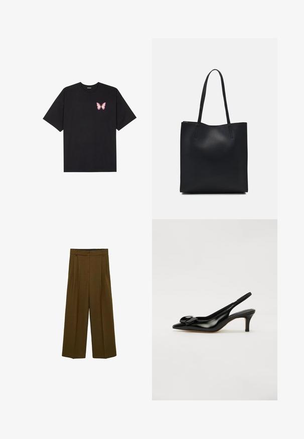 Čierne bavlnené tričko s krátkymi rukávmi, s malým ružovým motýlikom na ľavej hrudi. Design s okrúhlym výstrihom a uvoľneným strihom.; Dlhé nohavice širokého strihu vyrobené z olivovo zeleného materiálu, s prednými záhybmi, vysokým pásom a hladkou textúrou, navrhnuté pre uvoľnený strih.; Čierne lakované kožené sandále s úzkym špicatým prstom, malým opätkom a výraznou mašľou na priehlavku. Hladká textúra a elegantný dizajn.; Čierna kožená taška na rameno s hladkým povrchom, obdĺžnikovým tvarom a dvoma dlhými uchami. Bez viditeľného kovania alebo ozdôb.; Zign 2 PACK - Náramok - gold-coloured/silver-coloured