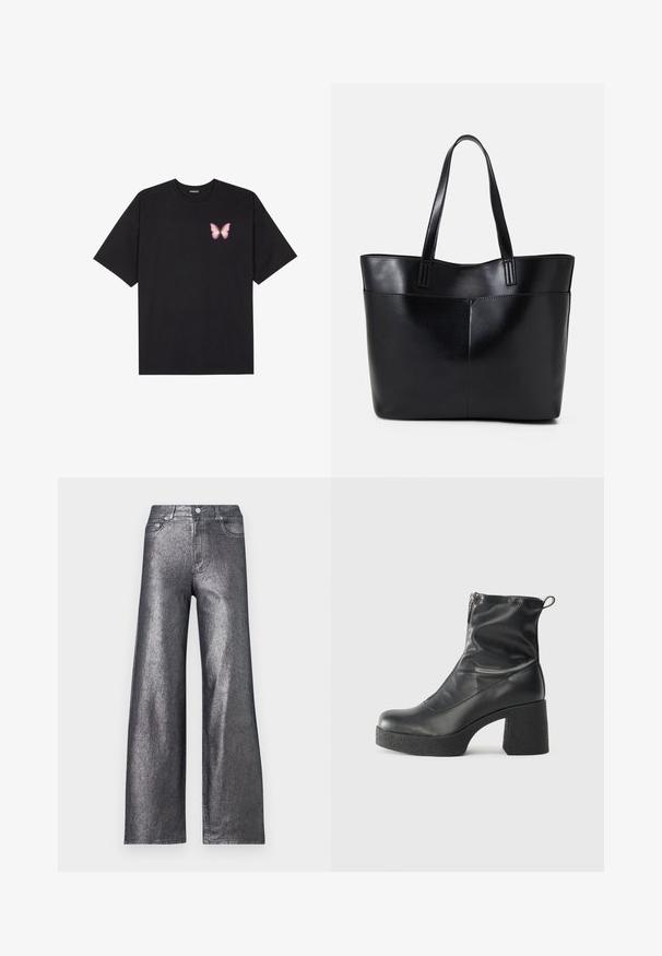 Tricou negru din bumbac cu mâneci scurte, având pe partea stângă a pieptului un mic grafic cu un fluture roz. Design cu guler rotund și croială lejeră.; Jeans lățimi din metalizat argintiu, cu talie înaltă, având cinci buzunare și închidere cu buton. Materialul are o textură netedă și strălucitoare.; Bocanci negri de glezna din piele netedă, cu fermoar lateral, toc texturat și masiv, și design cu vârf rotund.; Geantă oversized din piele neagră, cu două mânere lungi, de textură netedă și formă structurată. Are un buzunar frontal pentru stocare suplimentară.