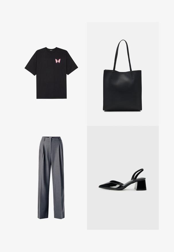 Čierne bavlnené tričko s krátkymi rukávmi, s malým ružovým motýlikom na ľavej hrudi. Design s okrúhlym výstrihom a uvoľneným strihom.; Šedé upravené nohavice s plisovaným predkom, širokým strihom a hladkou štruktúrou, so plochým pásom a bočnými vreckami.; Čierne lakované kožené sandálové podpätky s špicatou špičkou a geometrickým blokovým podpätkom. Disponujú elegantným, minimalistickým dizajnom a hladkým povrchom.; Čierna kožená taška na rameno s hladkým povrchom, obdĺžnikovým tvarom a dvoma dlhými uchami. Bez viditeľného kovania alebo ozdôb.