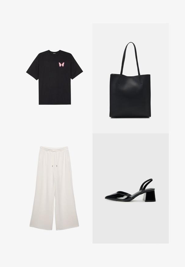 Musta puuvillapaita lyhyillä hihoilla, jossa on pieni vaaleanpunainen perhosgrafiikka vasemmassa rinnassa. Pyöreä kaula-aukko ja rento istuvuus.; Vaalean kermanväriset, leveälahkeiset housut, jotka on valmistettu pehmeästä kankaasta. Niissä on joustava vyötärö, nyöri ja sivutaskut. Sujuva tekstuuri.; Mustat patentoitu nahkakengät, joissa on säären takaosa ja terävä kärki, sekä geometrinen palikkakorko. Sisältää tyylikkään, minimalistisen muotoilun ja sileän pinnan.; Mustapahkainen kangaskassi, jossa on sileä pinta, suorakaiteen muotoinen ja kaksi pitkää kahvaa. Ei näkyvää metalliosaa tai koristeita.