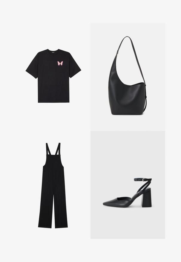 Camiseta de algodón negra de manga corta, con un pequeño gráfico de mariposa rosa en el lado izquierdo del pecho. Diseño de cuello redondo con un corte relajado.; Pantalones de trabajo negros hechos de una tela suave, con piernas anchas, dos bolsillos frontales y tirantes ajustables con herrajes de botón.; Zapato de tacón puntiagudo de cuero negro con tira en el tobillo y tacón ancho. Textura plana, diseño elegante y estética minimalista.; Bolso tipo hobo de cuero negro con una textura suave, forma curvada y una sola correa ajustable; presenta una amplia apertura en la parte superior.
