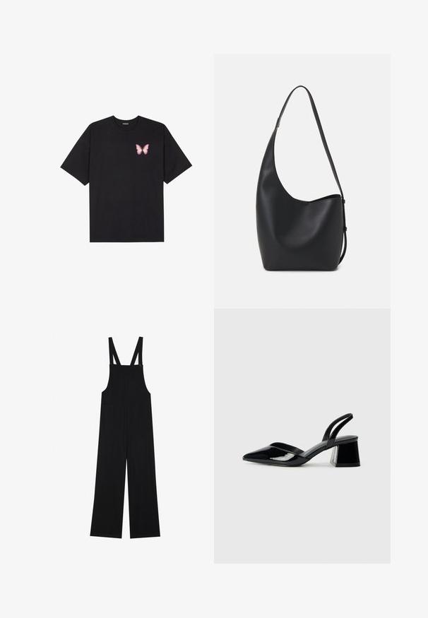 Črna bombažna majica s kratkimi rokavi, ki ima majhen roza metuljček na levi strani prsnega dela. Majica s krožnim ovratnikom in sproščenim krojem.; Črne naramnice iz mehkega blaga, širokih hlačnic, dveh sprednjih žepov ter nastavljivih naramnic z gumbnim zapiranjem.; Črne lakirane slingback pete s koničastim nosom in geometrijsko blokasto peto. Imajo eleganten, minimalističen dizajn in gladko teksturo.; Črna usnjena hobo torba z gladko teksturo, ukrivljeno obliko in eno nastavljivo naramnico; ima širok odprtina na vrhu.