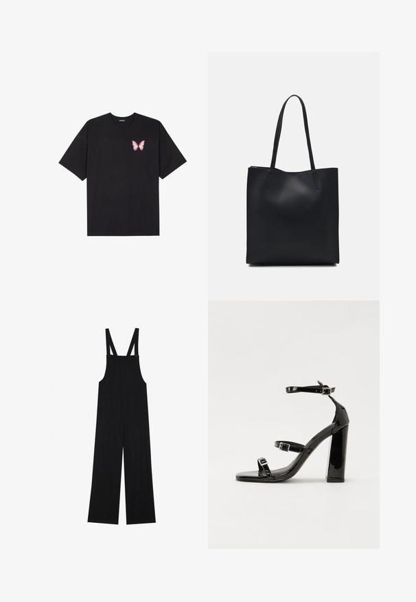 Černé bavlněné tričko s krátkým rukávem, na levém prsou s malou grafikou růžové motýlky. Design s kruhovým výstřihem a volným střihem.; Černé lacláče vyrobené z měkké látky, s širokými nohavicemi, dvěma předními kapsami a nastavitelnými ramenními popruhy s knoflíkovým kováním.; Černé lakované sandály na vysokém podpatku se dvěma pásky se sponami, čtvercovou špičkou a robustním blokovým podpatkem, s hladkou, lesklou texturou.; Černá kožená taška přes rameno s hladkým povrchem, obdélníkovým tvarem a dvěma dlouhými uchy. Žádné viditelné kování ani ozdoby.