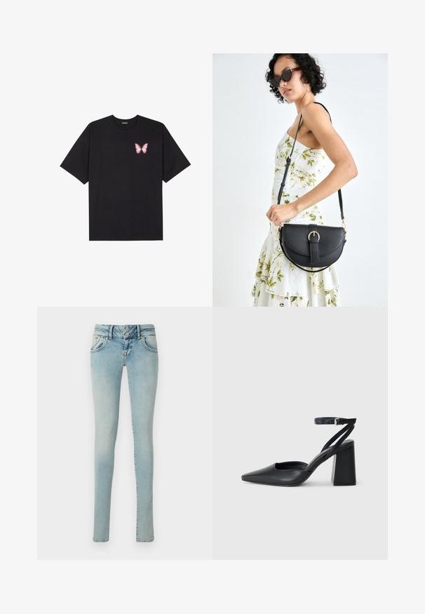Črna bombažna majica s kratkimi rokavi, ki ima majhen roza metuljček na levi strani prsnega dela. Majica s krožnim ovratnikom in sproščenim krojem.; Svjetloplave uske traperice s klasičnim dizajnom s pet džepova, kopčom na dugme i izblijedjelom teksturom denima s blagim varijacijama boje.; Črne usnjene klasične čevlje z ostrim nosom, z zaponko za gleženj in debelim peto. Ravna tekstura, eleganten dizajn in minimalistična estetika.; Črna usnjena torbica s ukrivljeno obliko, z odstranljivo naramnico in zlatimi dodatki. Torbica ima pokrov s podrobnostmi v obliki zaponke.