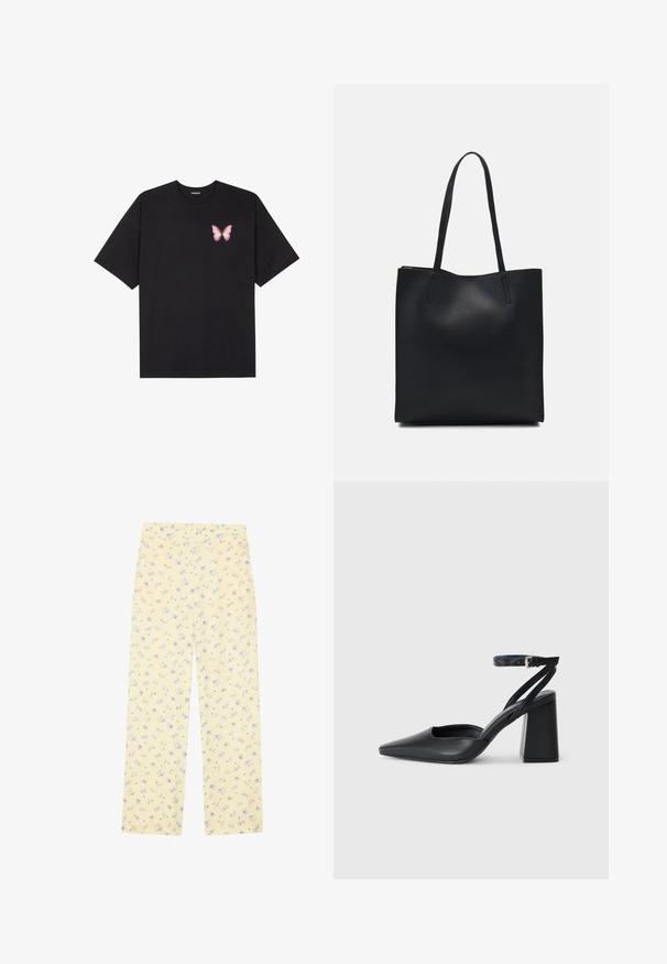 Tricou negru din bumbac cu mâneci scurte, având pe partea stângă a pieptului un mic grafic cu un fluture roz. Design cu guler rotund și croială lejeră.; Pantaloni largi de culoare galben deschis, cu un model floral în nuanțe de albastru. Talie elastică, textură moale și croială dreaptă, concepută pentru confort.; Pantofii cu toc ascuțit din piele neagră, cu breteaua pentru glezne și toc gros. Textură netedă, design elegant și estetică minimală.; Geantă tote neagră din piele, cu textură netedă, formă rectangulară și două mânere lungi. Fără hardware vizibil sau ornamente.