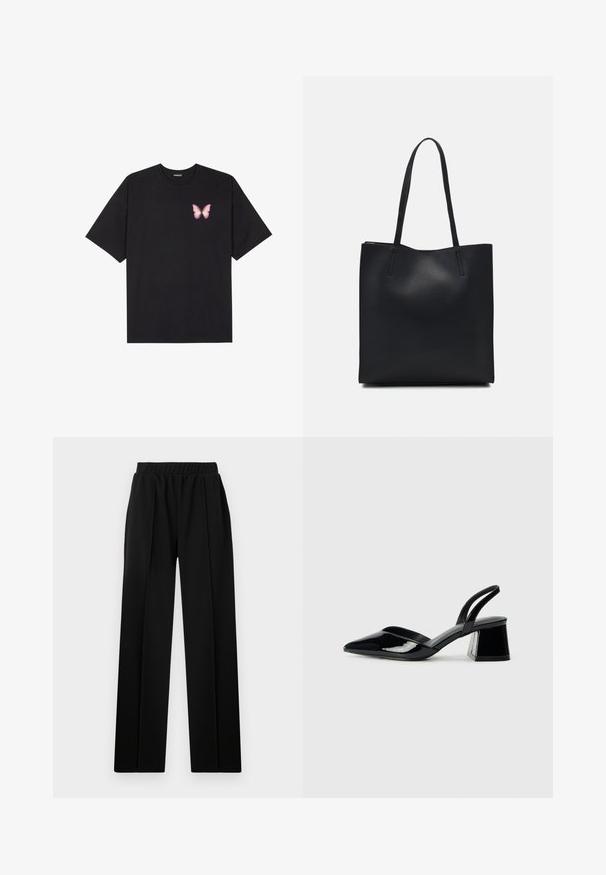 Crna pamučna majica s kratkim rukavima, s malim grafičkim prikazom ružičaste vjetricaste s desne strane na prsima. Dizajn s okruglim izrezom i opuštenim krojem.; Crne hlače širokih nogavica s elastičnim pojasom, s glatkom teksturom tkanine bez vidljivih uzoraka ili akcenta.; Crne lakirane kožne sandale s otvorenom petom i špicastim vrhom, s geometrijskom blok petom. Imaju elegantan, minimalistički dizajn i glatku teksturu.; Crna kožna torba za nošenje s glatkom teksturom, pravokutnim oblikom i dvije duge ručke. Nema vidljivih metalnih dijelova ili ukrasa.