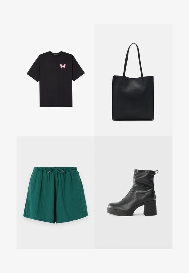 Juodas medvilnės marškinėliai trumpomis rankovėmis, su maža rožine drugelio grafika kairėje krūtinės pusėje. Apvalus kaklo iškirpimas, laisvas kirpimas.; Žali, lengvi šortai su elastinga juosta ir raišteliu. Savybės: tekstūra su minkštu, susiraukšlėjusiu paviršiumi.; Juodos kulkšninių botai, pagaminti iš lygaus odos, su šoniniu užtrauktuku, masyviu tekstūruotu kulnu ir apvaliu pirštu.; Juodas odinis tote krepšys su lygia tekstūra, stačiakampio formos ir dviem ilgais rankenomis. Matomų metalinių detalių ar puošybos nėra.