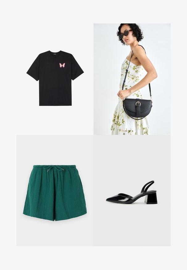 Must muströöpidega must puuvillane T-särk, vasakul rinnal on väike roosa liblikas. Ümar kaelus ja vabalt istuv lõige.; Roheline, kerge lühike püks, millel on elastne vöökoht ja pael. Omab tekstuurset kangast, millel on pehme, kortsus välimus.; Mustad musta lakknahk kingad, millel on terav varvas ja geomeetriline plokkkonts. Omab elegantselt minimalistlikku disaini ja sujuvat tekstuuri.; Mustmust mustraha kõverate joontega, eemaldatava rihmaga ja kuldsete detailidega. Kotil on klapp, millel on pandladetail.