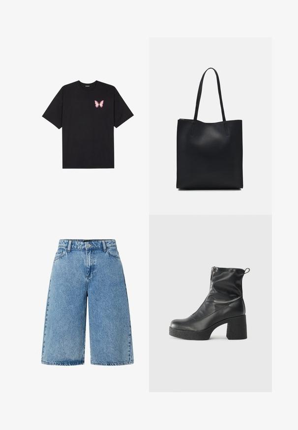 Črna bombažna majica s kratkimi rokavi, ki ima majhen roza metuljček na levi strani prsnega dela. Majica s krožnim ovratnikom in sproščenim krojem.; Džins kratke hlače v svetlo modri barvi, z širokim krojem, standardnim pet-imerno oblikovanjem in teksturirano blago z zbledelim videzom.; Črne gležnjarje iz gladke kože z božnim zadrgo, masivnim teksturiranim peto in zaobljeno obliko prstov.; Črna usnjena torba s svilnato teksturo, pravokotne oblike in dvema dolgima ročajema. Brez vidnih metalnih delov ali okrasnih elementov.