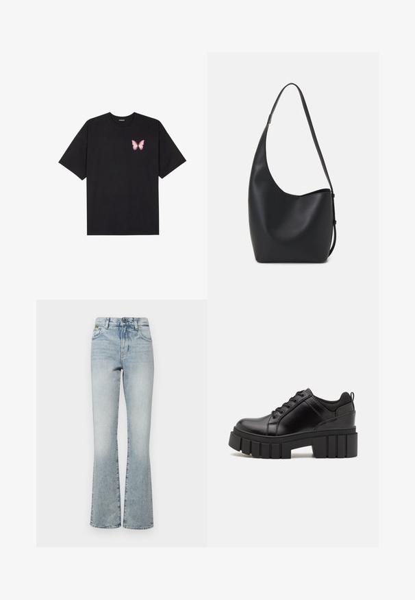 Črna bombažna majica s kratkimi rokavi, ki ima majhen roza metuljček na levi strani prsnega dela. Majica s krožnim ovratnikom in sproščenim krojem.; Svetlo pranje denim flare jeans z visokim pasom, z petimi žepi in minimalno kovinsko opremo. Tkanina ima gladko teksturo in blede barve.; Črne usnjene platforme z debelim blokastim petam, okroglo konico in klasičnim vezanjem. Imajo gladko teksturo in minimalne podrobnosti.; Črna usnjena hobo torba z gladko teksturo, ukrivljeno obliko in eno nastavljivo naramnico; ima širok odprtina na vrhu.