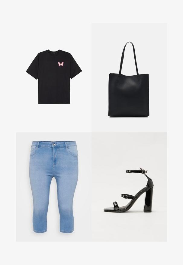 Svart bomulls T-skjorte med korte ermer, med en liten rosa sommerfugl grafikk på venstre bryst. Crew-neck design med en avslappet passform.; Lyseblå denim capribukser med en tettsittende fasong, enkelt frontlomme og glidelås. Avsluttet med en oppbrett ved ankelen.; Svarte høyhælte sandaler i lakk med to spennestraps, firkantet tå og en tykk blokkhæl, med en glatt, blank tekstur.; Svart lær tote bag med glatt tekstur, rektangulær form og to lange håndtak. Ingen synlige deler eller dekorasjoner.