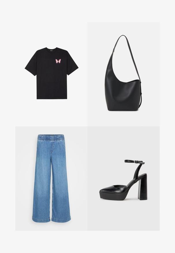 Svart bomullströja med korta ärmar, med en liten rosa fjärilsgrafik på vänster bröst. Rundad halsdesign med en avslappnad passform.; Ljusblå, vida jeans i denim med elastisk midja och inga synliga fickor. Har en ren finish med uppvikta fållar.; Svarta plattformsskor med spetsig tå och justerbart vristband. Tillverkade av mjukt läder, med en kraftig blockklack.; Svart läder hobo-väska med en slät textur, kurvig form och en justerbar axelrem; har en bred öppning upptill.