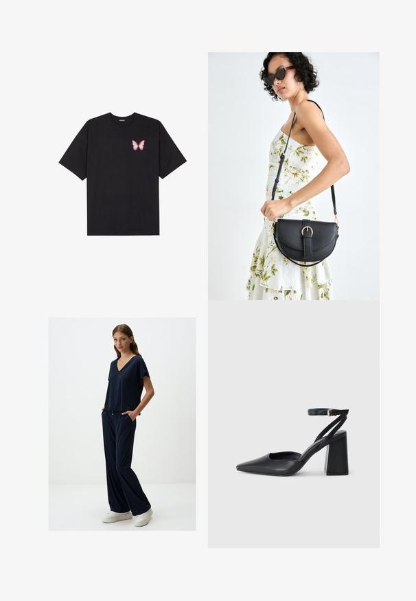 Zwarte katoenen t-shirt met korte mouwen, voorzien van een kleine roze vlinder graphic op de linkerkant van de borst. Crew neck ontwerp met een relaxte fit.; Marineblauwe, kortarmige V-hals top gecombineerd met losse, bijpassende broek. Zachte, lichte stof met zijzakken en een relaxte pasvorm.; Zwarte leren puntige pump met een enkelbandje en een chunky hak. Vlakke textuur, strakke vormgeving en minimalistische esthetiek.; Zwarte leren handtas met een gebogen vorm, afneembare schouderband en gouden hardware. De tas heeft een klep met een gespsluiting.