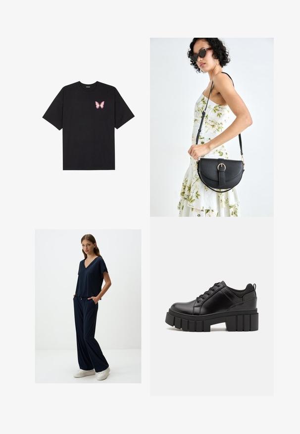Schwarzes Baumwoll-T-Shirt mit kurzen Ärmeln, das ein kleines pinkes Schmetterlingsmotiv auf der linken Brust zeigt. Crewneck-Design mit einem entspannten Schnitt.; Marineblaues, kurzärmeliges V-Ausschnitt-Oberteil kombiniert mit locker sitzenden, passenden Hosen. Weicher, leichter Stoff mit Seitentaschen und bequemer Passform.; Schwarze Lederplateauschuhe mit klobigem Blockabsatz, runder Zehenpartie und traditionellem Schnürdesign. Verfügt über eine glatte Textur und minimale Details.; Schwarze Lederhandtasche mit geschwungener Form, abnehmbarem Tragegurt und goldenen Beschlägen. Die Tasche verfügt über einen Deckel mit einer Schnallen-Details.