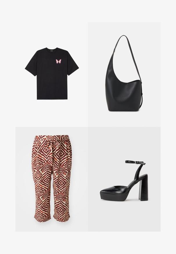 Fekete pamut póló rövid ujjakkal, bal mellkason egy kis rózsaszín pillangó grafikával. Kerek nyakú kialakítás, laza fazonnal.; Piros és barna mintás nadrág, húzózsinórral ellátott derékkal. Geometrikus motívummal rendelkezik világos háttérrel. Félvádli hosszan, könnyű anyagból készült.; Fekete platform magassarkú cipők hegyes orral és állítható bokapánttal. Sima bőrből készült, vastag talppal.; Fekete bőr hobo táska sima textúrával, ívelt formával és egyetlen állítható pánttal; széles nyílás található a tetején.