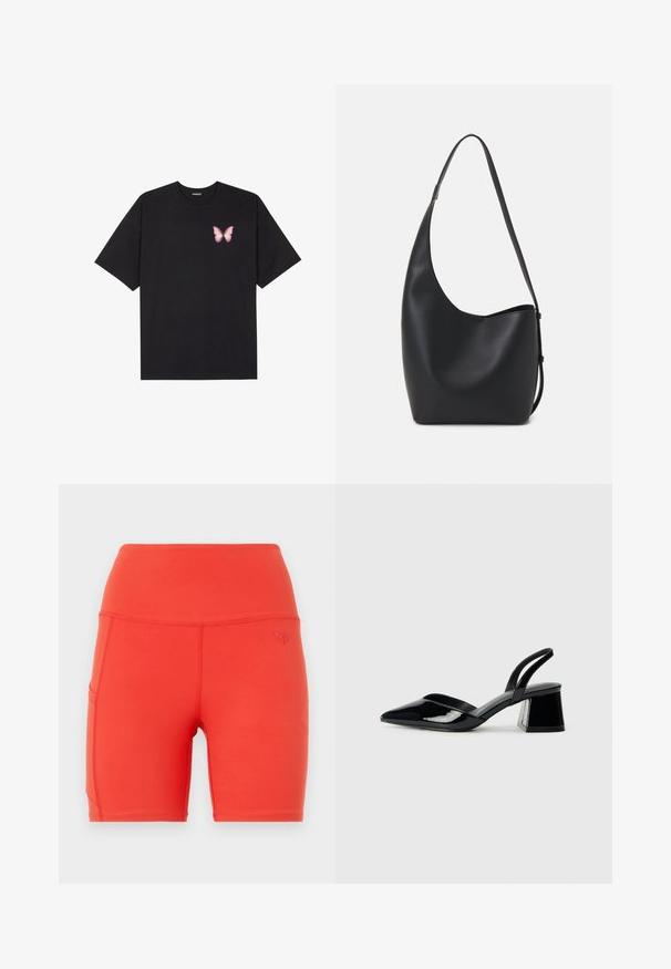 Crna pamučna majica s kratkim rukavima, s malim grafičkim prikazom ružičaste vjetricaste s desne strane na prsima. Dizajn s okruglim izrezom i opuštenim krojem.; Crvene atletske kratke hlače s visokim pojasom, izrađene od glatkog, rastezljivog materijala. Imaju bočnu džepu i mali utisnuti logo.; Crne lakirane kožne sandale s otvorenom petom i špicastim vrhom, s geometrijskom blok petom. Imaju elegantan, minimalistički dizajn i glatku teksturu.; Crna kožna hobo torba s glatkom teksturom, zakrivljenim oblikom i jednom podesivom trakicom; ima širok otvor na vrhu.
