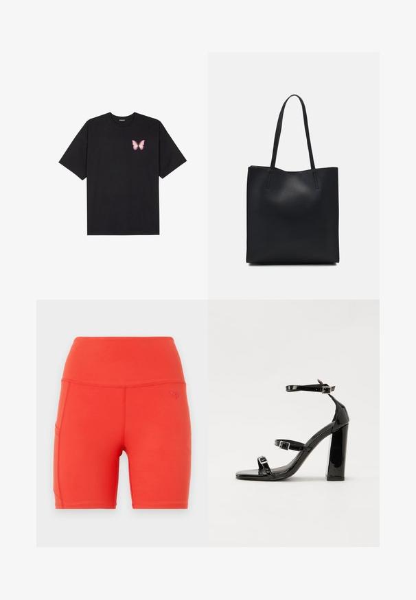 T-shirt en coton noir à manches courtes, avec un petit graphique de papillon rose sur la poitrine gauche. Modèle à col rond avec une coupe décontractée.; Shorts de sport rouges avec une taille haute, fabriqués à partir d'un matériau lisse et extensible. Comprend une poche latérale et un petit logo en relief.; Sandales à talons vernies noires avec un bout carré, des sangles autour de la cheville et des boucles en argent. Dotées d'un talon bloc épais pour plus de stabilité.; Sac fourre-tout en cuir noir avec une texture lisse, de forme rectangulaire et deux longues poignées. Pas de matériel ou d'ornementations visibles.
