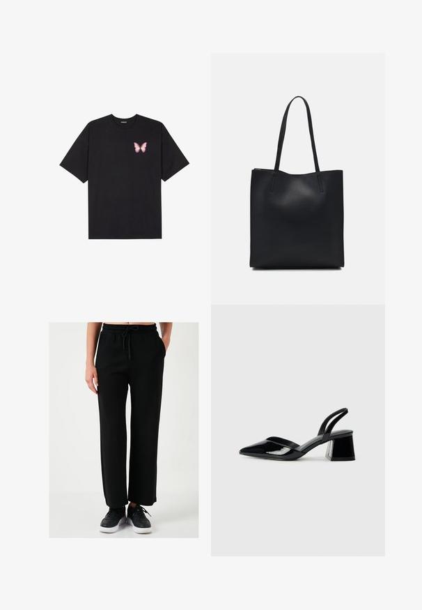 Melna kokvilnas T-krekls ar īsām piedurknēm, kuram priekšā kreisajā pusē ir neliels rozā tauriņa grafiskais attēls. Ar apaļu kaklu un brīvā stila piegriezumu.; Melnas platās bikses, kas izgatavotas no mīksta auduma, ar elastīgu jostiņu un auklu, sānu kabatām un gludu tekstūru.; Melna lakota āda ar atvērto papēdi, ar smailu purngalu un ģeometrisku blokpapēdi. Iezīmējas elegants, minimāls dizains un gluda tekstūra.; Melnas ādas somiņa ar gludu tekstūru, taisnstūra formu un divām garām rokturiem. Nav redzamu aparatūras vai rotājumu.