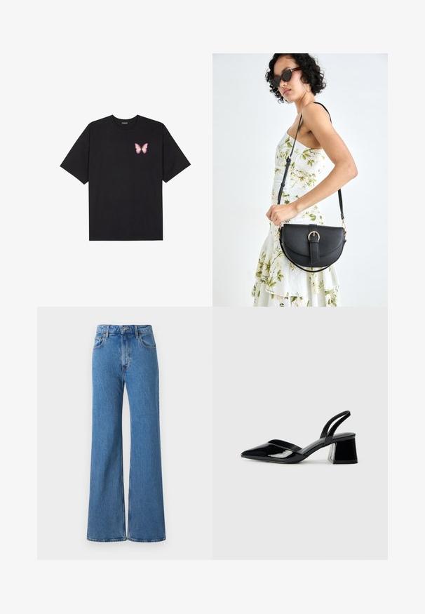 T-shirt en coton noir à manches courtes, avec un petit graphique de papillon rose sur la poitrine gauche. Modèle à col rond avec une coupe décontractée.; Jean en denim bleu à jambes larges avec une taille haute, présentant un design classique à cinq poches et un ourlet brut, confectionné en tissu en coton texturé.; Escarpins en cuir verni noir avec bout pointu et talon bloc géométrique. Présente un design élégant et minimaliste ainsi qu'une texture lisse.; Sac à main en cuir noir avec une forme courbée, bandoulière amovible et des accessoires en or. Le sac est doté d'un rabat avec un détail de boucle.