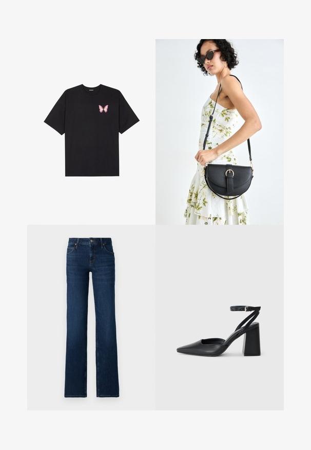 Fekete pamut póló rövid ujjakkal, bal mellkason egy kis rózsaszín pillangó grafikával. Kerek nyakú kialakítás, laza fazonnal.; Sötétkék, bővülő fazonú farmernadrág. Jellemzői: varrt derékpánt, öt zseb, valamint cipzáras kiállás, amely fémgombbal záródik.; Fekete bőr, hegyes orrú magassarkú cipő boka pánttal és vastag sarokkal. Sima textúra, elegáns dizájn és minimális esztétika.; Fekete bőrtáska ívelt formával, levehető pánttal és arany színű fémrészekkel. A táskán egy csattal díszített fedél található.