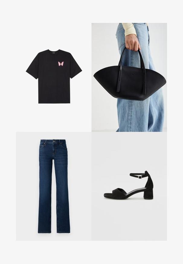 T-shirt de algodão preto com mangas curtas, apresentando um pequeno gráfico de borboleta rosa no lado esquerdo do peito. Design de gola redonda com um corte solto.; Jeans de brim de cintura larga azul escuro. Apresenta um cós cosido, cinco bolsos e uma braguilha com fecho de metal.; Sandálias de salto alto em camurça preta com uma fina tira no tornozelo, design de ponta aberta e um salto bloco discreto. Textura suave e acentos mínimos.; Bolsa de mão em couro preto com uma forma única em leque, apresentando alças planas. A superfície tem uma textura pebble e um design minimalista.