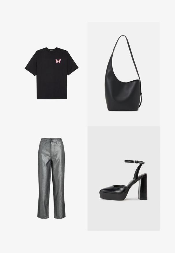 Black cotton t-shirt with short sleeves, featuring a small pink butterfly graphic on the left chest. Crew neck design with a relaxed fit.; Metallic silver trousers with a high waist, straight leg design, and front pockets. Constructed from a smooth, shiny fabric.; Black platform heels with a pointed toe and adjustable ankle strap. Constructed from smooth leather, featuring a chunky block heel.; Black leather hobo bag with a smooth texture, curved shape, and single adjustable strap; features a wide opening at the top.