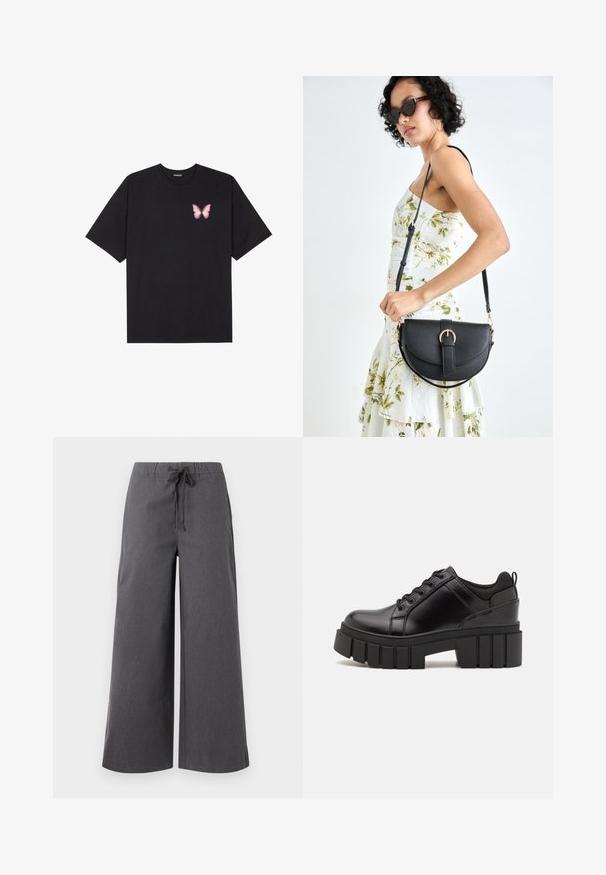 T-shirt en coton noir à manches courtes, avec un petit graphique de papillon rose sur la poitrine gauche. Modèle à col rond avec une coupe décontractée.; Pantalons larges, gris foncé, fabriqués dans un tissu doux, dotés d'une taille élastique avec cordon de serrage et de détails de couture minimaux.; Chaussures à plateforme en cuir noir avec un talon bloc épais, bout rond et un design traditionnel à lacets. Elles présentent une texture lisse et un détail minimal.; Sac à main en cuir noir avec une forme courbée, bandoulière amovible et des accessoires en or. Le sac est doté d'un rabat avec un détail de boucle.