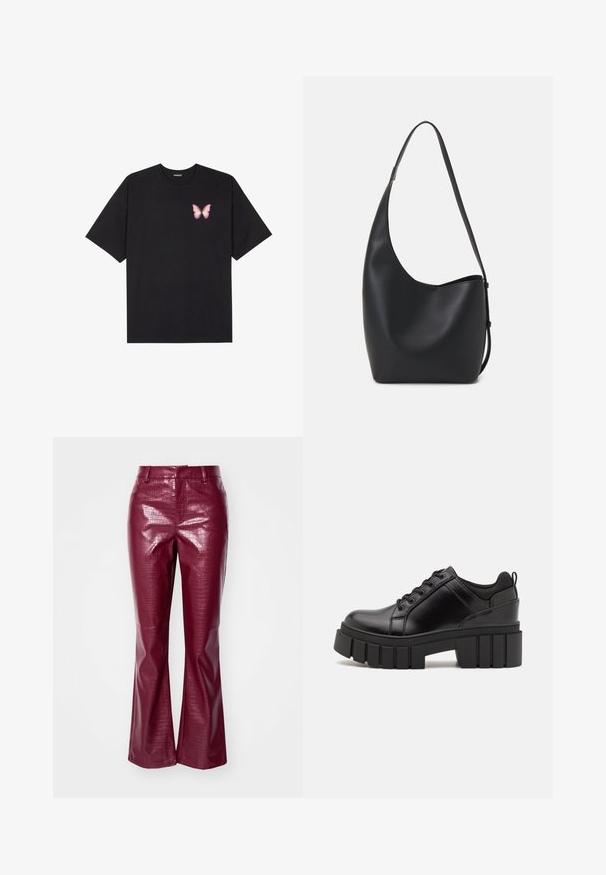 Black cotton t-shirt with short sleeves, featuring a small pink butterfly graphic on the left chest. Crew neck design with a relaxed fit.; Burgundy faux leather pants with a glossy finish, featuring a crocodile texture, flared legs, and a fitted waistband.; Black leather platform shoes with a chunky block heel, round toe, and traditional lace-up design. Features smooth texture and minimal detailing.; Black leather hobo bag with a smooth texture, curved shape, and single adjustable strap; features a wide opening at the top.