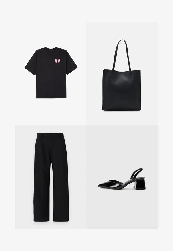 Svart bomulls T-skjorte med korte ermer, med en liten rosa sommerfugl grafikk på venstre bryst. Crew-neck design med en avslappet passform.; Sorte vide benser laget av glatt stoff. Har en strukturert midjebånd med belteholdere og frontfold, som gir et skreddersydd utseende.; Svarte patentlær slingback hæler med spiss tå og geometrisk blokk hæl. Har et stilrent, minimalistisk design og jevn tekstur.; Svart lær tote bag med glatt tekstur, rektangulær form og to lange håndtak. Ingen synlige deler eller dekorasjoner.