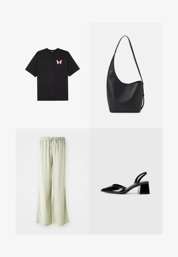 Tricou negru din bumbac cu mâneci scurte, având pe partea stângă a pieptului un mic grafic cu un fluture roz. Design cu guler rotund și croială lejeră.; Pantaloni largi verzi deschis, cu talie elastică și șnur. Fabricat dintr-un material moale, texturat; margini tivite fără modele vizibile.; Pantofi cu toc slingback din piele lacuită neagră, cu vârf ascuțit și toc geometric. Prezintă un design elegant, minimalist și o textură netedă.; Geantă hobo din piele neagră, cu o textură netedă, formă curbată și un singur bretele ajustabil; are o deschidere largă în partea de sus.