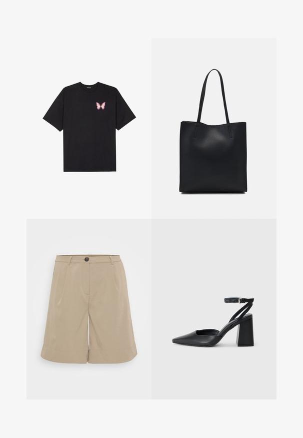 T-shirt de algodão preto com mangas curtas, apresentando um pequeno gráfico de borboleta rosa no lado esquerdo do peito. Design de gola redonda com um corte solto.; Bermudas caqui feitas de um tecido leve, apresentando frente plana, pregas, fecho de botão e bainhas enroladas. Design simples e ajustado.; Sandal com biqueira afilada em couro preto, com cinta no tornozelo e salto grosso. Textura lisa, design elegante e estética minimalista.; Bolsa tote preta em couro com textura lisa, forma retangular e duas alças longas. Sem hardware ou enfeites visíveis.