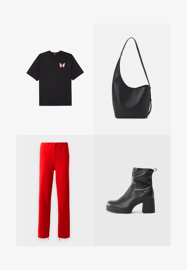 Sort bomulds T-shirt med korte ærmer, prydet med en lille pink sommerfugl grafik på venstre bryst. Rund hals design med en afslappet pasform.; Røde bukser lavet af glat, strækbart stof. Har en flad front med en skjult lynlås, lige ben og justerbare stropper ved kanten.; Sorte ankelstøvler lavet af glat læder, med en sidelukning, kraftig struktureret hæl og rundt tådesign.; Sort læder hobo taske med en glat overflade, buet form og en enkelt justerbar rem; har en bred åbning øverst.