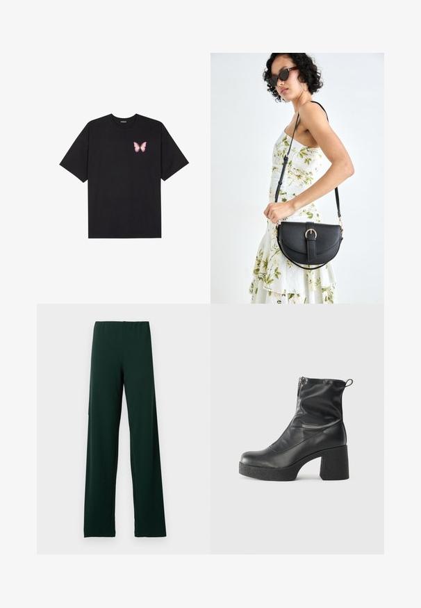 Black cotton t-shirt with short sleeves, featuring a small pink butterfly graphic on the left chest. Crew neck design with a relaxed fit.; Dark green, lightweight, stretchy trousers with a waistband and wide legs. Made of smooth fabric with no visible patterns or hardware.; Black ankle boots made of smooth leather, featuring a side zipper, chunky textured heel, and rounded toe design.; Black leather handbag with a curved shape, detachable strap, and gold hardware. The bag features a flap with a buckle detail.