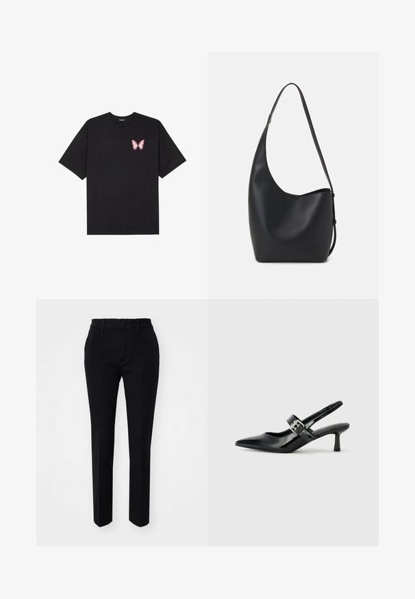 Čierne bavlnené tričko s krátkymi rukávmi, s malým ružovým motýlikom na ľavej hrudi. Design s okrúhlym výstrihom a uvoľneným strihom.; Čierne krajčírské nohavice s hladkou textúrou látky, rovnými nohavicami a šikmými bočnými vreckami. Jednoduchý pás s pútkami na opasok, žiadne viditeľné vzory.; Čierne patentové kožené sandále na podpätku so špicatou špičkou a malým blokovým podpätkom, s dekoratívnou striebornou sponou na remienku.; Čierna kožená hobo taška so hladkou textúrou, zakriveným tvarom a jedným nastaviteľným popruhom; má široké otvorenie na vrchu.
