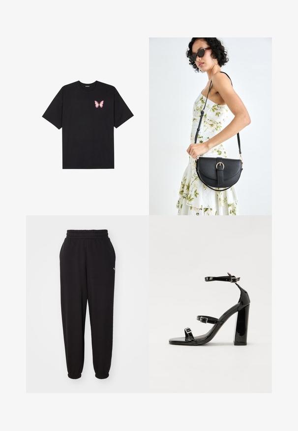Crna pamučna majica s kratkim rukavima, s malim grafičkim prikazom ružičaste vjetricaste s desne strane na prsima. Dizajn s okruglim izrezom i opuštenim krojem.; Crne trenirke izrađene od mekanog materijala, s rebrastim pojasom i manžetama na gležnjevima. Uključuju mali logotip s strane.; Crne lakirane sandale na visoku petu s dva remena s kopčama, kvadratnim vrhom i masivnom blok petom, s glatkom, sjajnom teksturom.; Crna kožna torba s lukovitim oblikom, odvojivim remenom i zlatnim detaljima. Torba ima preklop s kopčom.