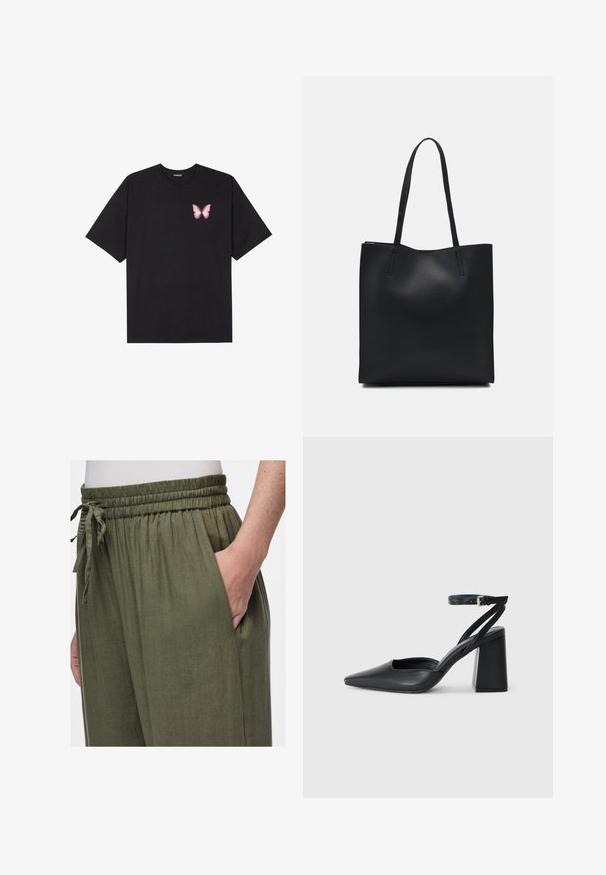 Fekete pamut póló rövid ujjakkal, bal mellkason egy kis rózsaszín pillangó grafikával. Kerek nyakú kialakítás, laza fazonnal.; Olíva zöld, könnyű vászon nadrág rugalmas derékkal és húzózsinórral. Oldalán zseb található, és laza fazonú.; Fekete bőr, hegyes orrú magassarkú cipő boka pánttal és vastag sarokkal. Sima textúra, elegáns dizájn és minimális esztétika.; Fekete bőrtáska sima felszínnel, téglalap alakú, két hosszú füllel. Nincs látható fémkiegészítő vagy díszítés.