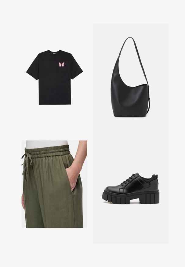 Crna pamučna majica s kratkim rukavima, s malim grafičkim prikazom ružičaste vjetricaste s desne strane na prsima. Dizajn s okruglim izrezom i opuštenim krojem.; Maslinasto zelene, lagane lanene hlače s elastičnom trakom u struku i vezicom. Imaju bočnu džep i opušteni kroj.; Crne kožne platforme s debelim blok-peta, okruglim prstima i klasičnim dizajnom vezanja. Imaju gladak tekstur i minimalne detalje.; Crna kožna hobo torba s glatkom teksturom, zakrivljenim oblikom i jednom podesivom trakicom; ima širok otvor na vrhu.