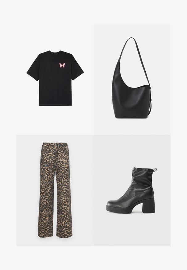 Juodas medvilnės marškinėliai trumpomis rankovėmis, su maža rožine drugelio grafika kairėje krūtinės pusėje. Apvalus kaklo iškirpimas, laisvas kirpimas.; Plaidų leopardų rašto plačių kojų džinsai iš medvilnės mišinio. Pasižymi aukštu liemeniu, priekinėmis kišenėmis ir kontrastingu juodu bei ruduo raštu. Lieknas, tiesus fasonas.; Juodos kulkšninių botai, pagaminti iš lygaus odos, su šoniniu užtrauktuku, masyviu tekstūruotu kulnu ir apvaliu pirštu.; Juodas odinis hobo maišas su lygiu paviršiumi, kreipta forma ir viena reguliuojama rankena; turi platų atidarymą viršuje.