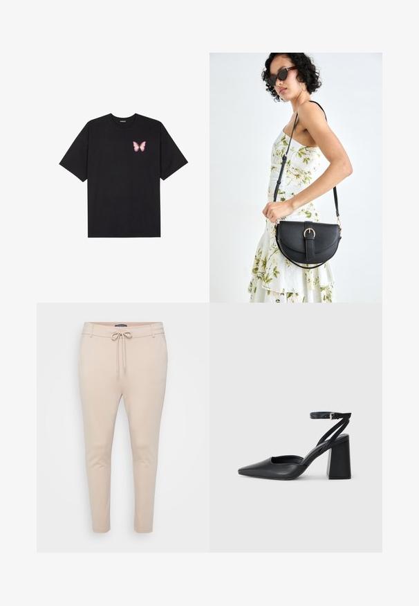 Černé bavlněné tričko s krátkým rukávem, na levém prsou s malou grafikou růžové motýlky. Design s kruhovým výstřihem a volným střihem.; Krémové lehké joggingové kalhoty s nastavitelným pasem a dvěma bočními kapsami. Hladká textura, zúžené nohavice a minimální švy.; Černé kožené lodičky se špičatou špičkou, kotníkovým páskem a silným podpatkem. Hladká textura, elegantní design a minimalistická estetika.; Černá kožená kabelka s křivkovým tvarem, odnímatelným popruhem a zlatými detaily. Kabelka má klopu s přezkou.