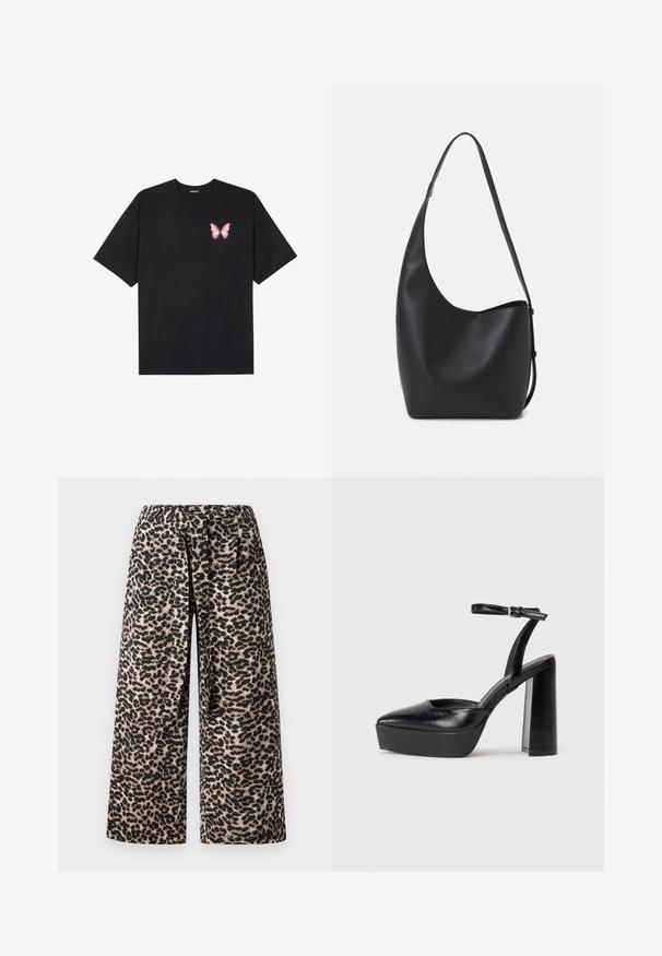 Juodas medvilnės marškinėliai trumpomis rankovėmis, su maža rožine drugelio grafika kairėje krūtinės pusėje. Apvalus kaklo iškirpimas, laisvas kirpimas.; Plačios kelnės leopardų raštu, turinčios juodai kreminę spalvų schemą, minkštą medžiagą ir elastingą juosmenį patogumui.; Juodi platforminiai aukšti kulniukai su smailiu kojų pirštu ir reguliuojamu kulkšnies dirželiu. Pagaminti iš lygaus odos, turi masyvų blokinį kulną.; Juodas odinis hobo maišas su lygiu paviršiumi, kreipta forma ir viena reguliuojama rankena; turi platų atidarymą viršuje.