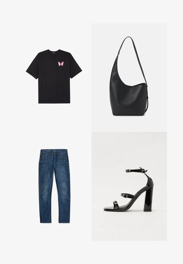 T-shirt de algodão preto com mangas curtas, apresentando um pequeno gráfico de borboleta rosa no lado esquerdo do peito. Design de gola redonda com um corte solto.; Calças de motoqueiro em ganga azul-escura. As características incluem múltiplos painéis cosidos, bolsos clássicos e um corte reto com um ligeiro desbotamento.; Sandálias de tacão preto laqueadas com bico quadrado, tiras para o tornozelo e fivelas prateadas. Apresentam um salto bloco chunky para estabilidade.; Saco hobo preto em pele com uma textura lisa, forma curva e uma única alça ajustável; apresenta uma abertura larga na parte de cima.