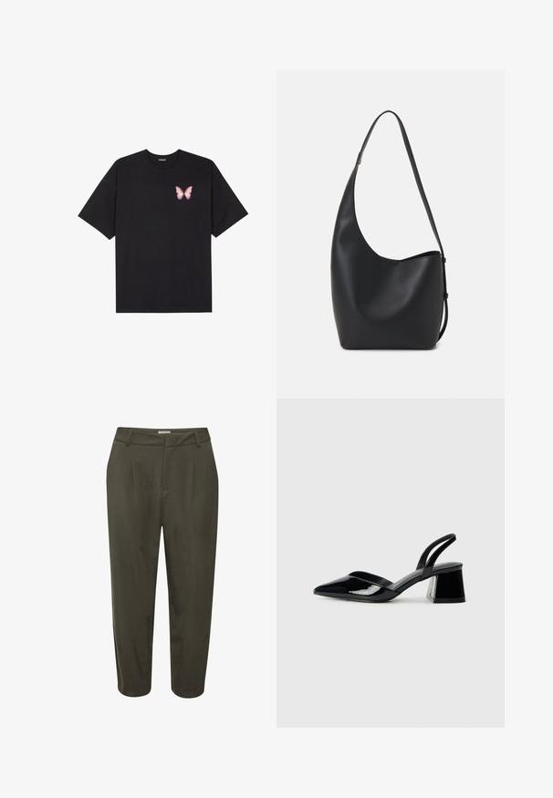 Must muströöpidega must puuvillane T-särk, vasakul rinnal on väike roosa liblikas. Ümar kaelus ja vabalt istuv lõige.; Tumedat rohelised, kohandatud püksid voldikute ja istuva vöökohtaga, millel on lühendatud pikkus. Valmistatud siledast kangast, millel on peen sära.; Mustad musta lakknahk kingad, millel on terav varvas ja geomeetriline plokkkonts. Omab elegantselt minimalistlikku disaini ja sujuvat tekstuuri.; Mustast nahast hobo kott, millel on sile tekstuur, kumer kuju ja üks reguleeritav rihm; peal on lai avaus.