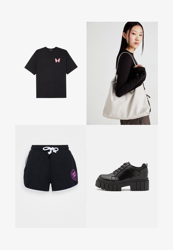 Black cotton t-shirt with short sleeves, featuring a small pink butterfly graphic on the left chest. Crew neck design with a relaxed fit.; Black shorts made of cotton, featuring a white drawstring, white trim, and a purple circular logo on the front right side.; Black leather platform shoes with a chunky block heel, round toe, and traditional lace-up design. Features smooth texture and minimal detailing.; Beige handbag made of soft material, featuring a slouchy design, stitched detailing, and two shoulder straps. Suitable for everyday use.